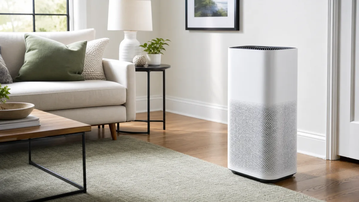 Air purifier in a bright living room