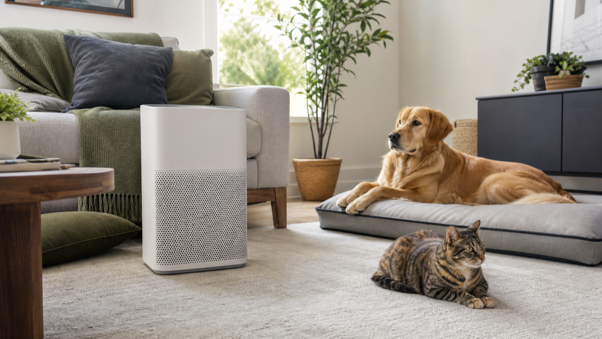 Medium-room air purifier beside a sofa