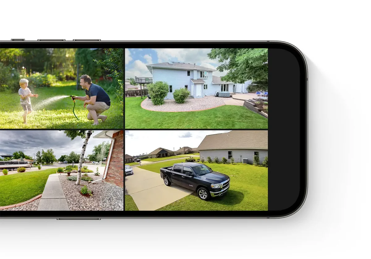 aosu manufacturer app presentation showing four home and yard views on one phone