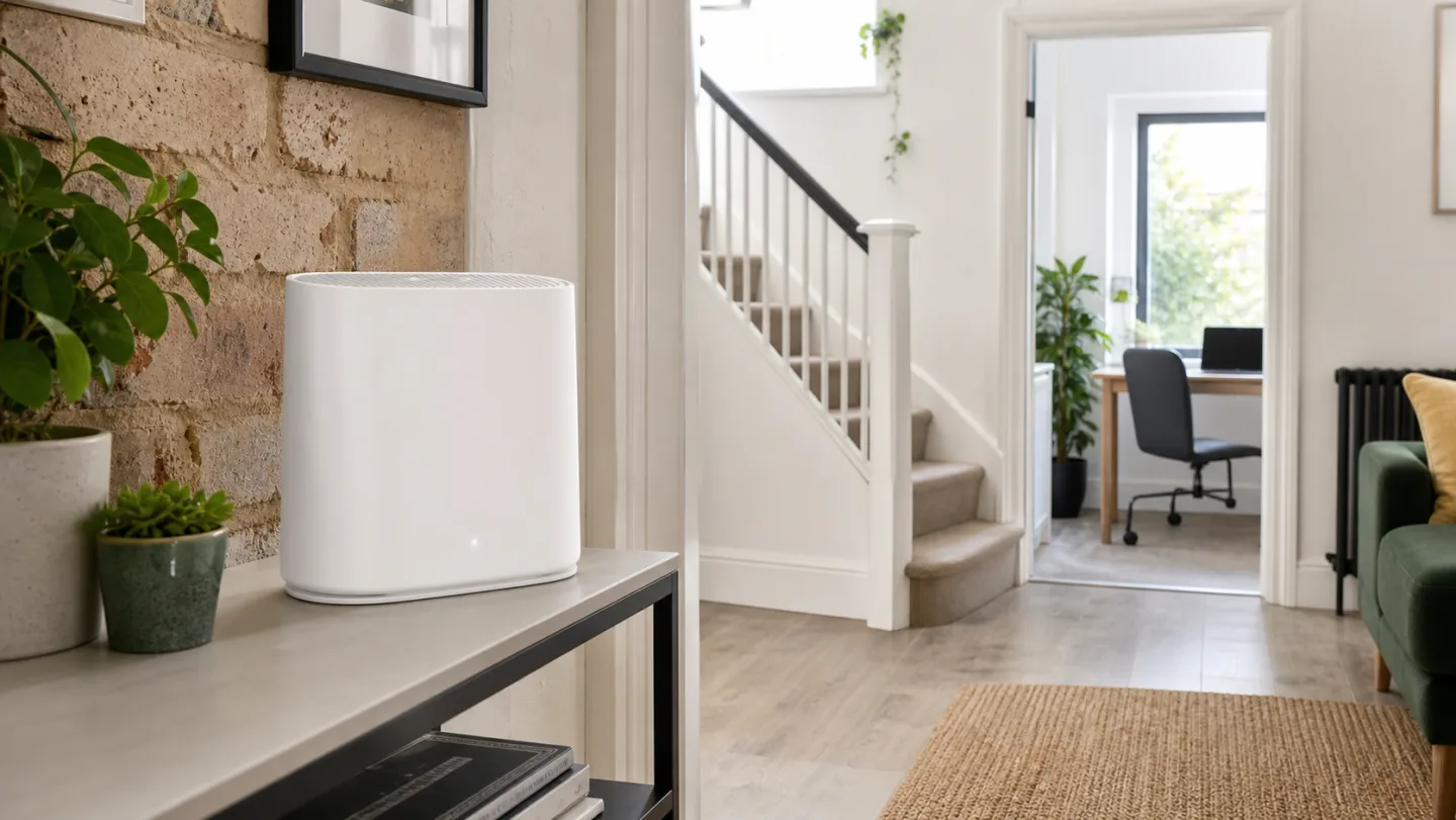 Unbranded Wi-Fi router placed in the open in a UK home