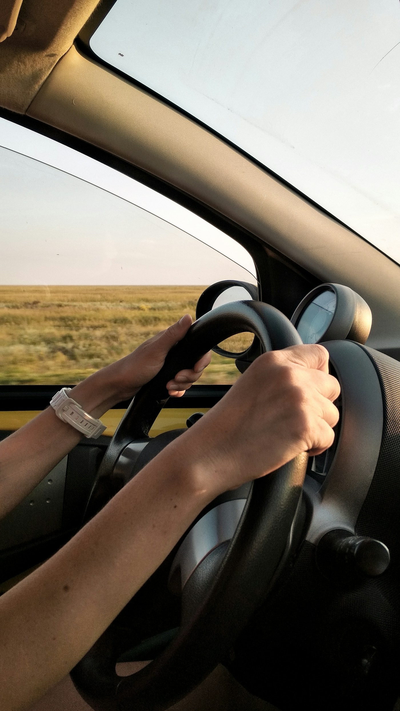 Dash cam view from a car dashboard
