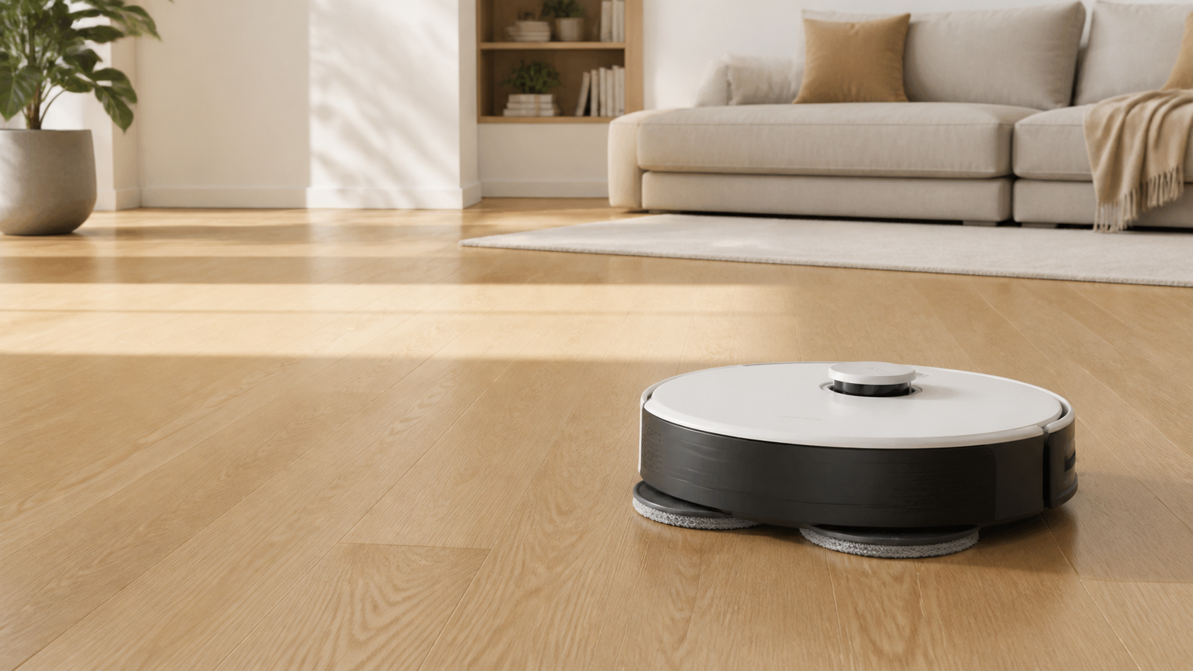 Unbranded robot vacuum and mop on a wood living-room floor