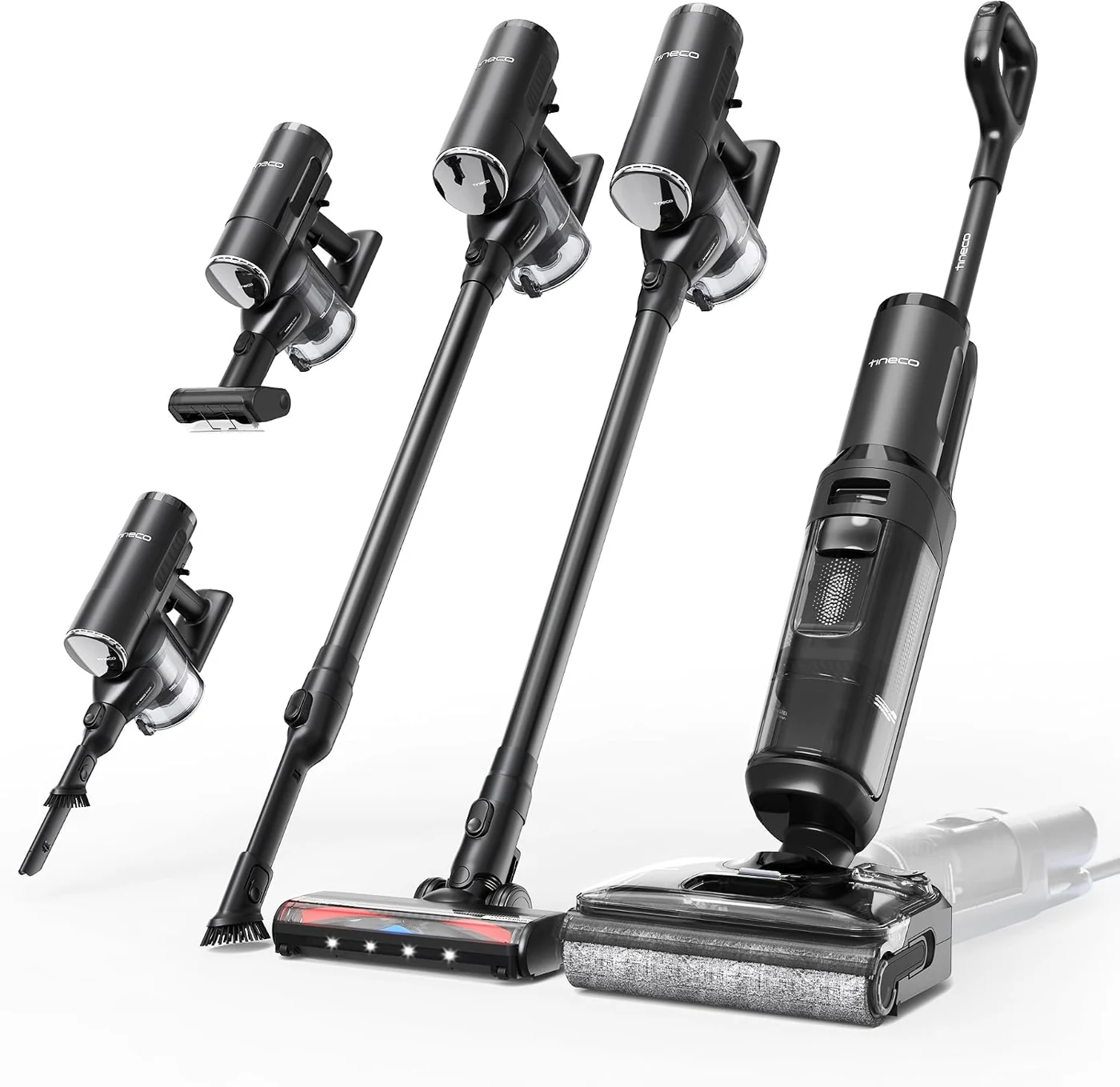 Tineco FLOOR ONE Switch S7 Stretch, dargestellt als Wischsauger, Akkusauger und Handgerät mit verschiedenen Aufsätzen
