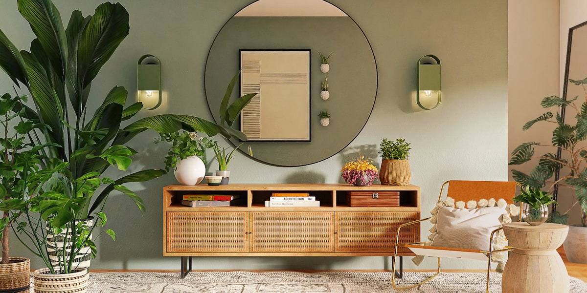Calm modern living room with clean air purifier
