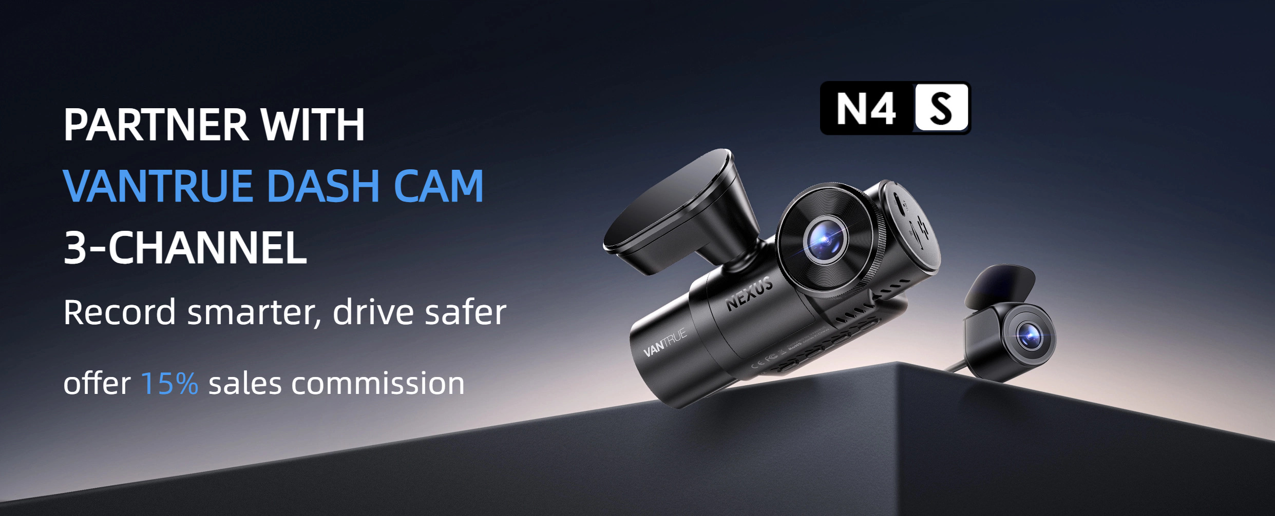 Vantrue 3-channel dash cam setup showing front cabin and rear recording